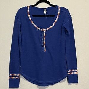 Free People Royal Blue Waffle Knit Thermal Long Sleeve Boho Distressed Size XS